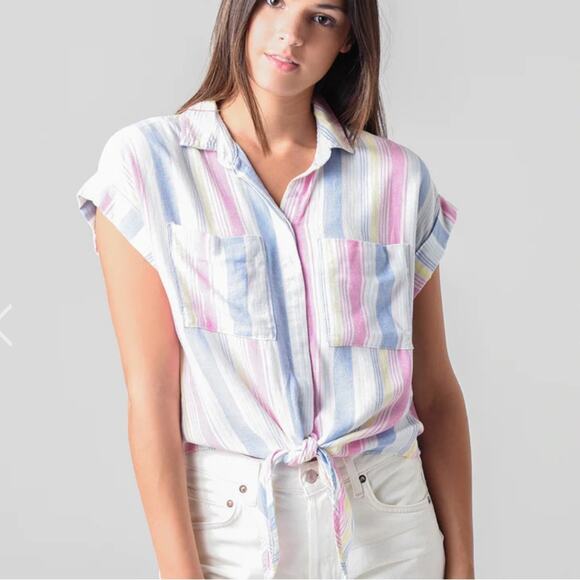 Bella Dahl Women's‎ Cap Sleeve Tie-Up Front Striped Button Down Shirt Size S - Picture 1 of 10